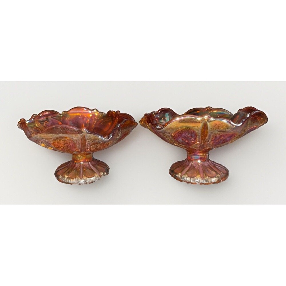 Pair Indiana Glass Marigold Carnival Kings Crown Compote 5" Thumbprint Vintage